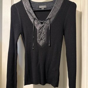 CLASSIQUE ENTIER Nordstrom Black Sweater and Leather Top Size Small
